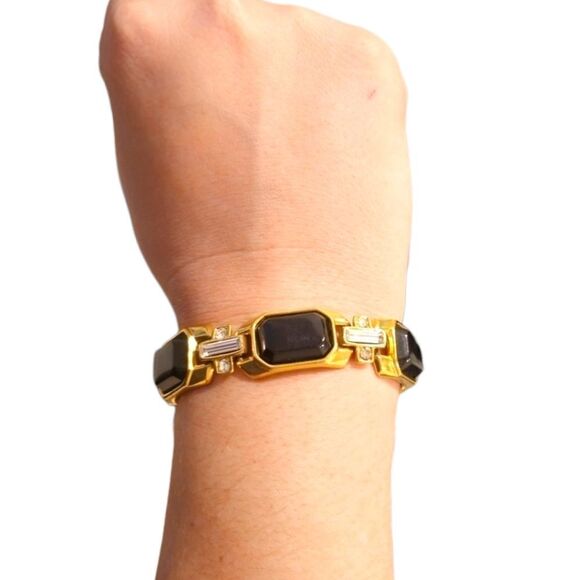 Trifari Vintage Link Crystal Black Cabochon Statement Bracelet - Picture 1 of 15